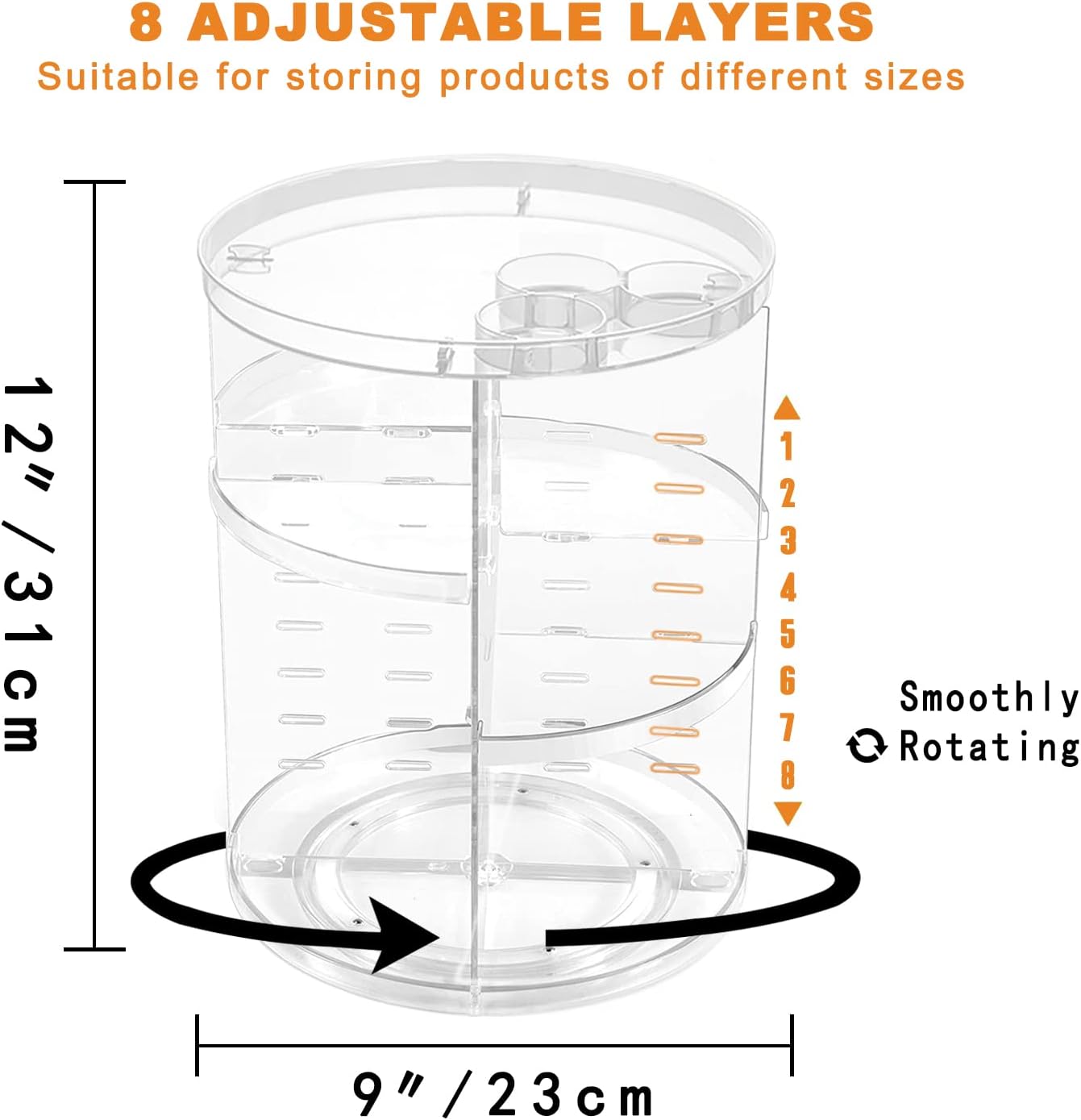 360° Rotating Makeup Organiser -- Clear Acrylic Vanity Storage with 8 Adjustable Layers
