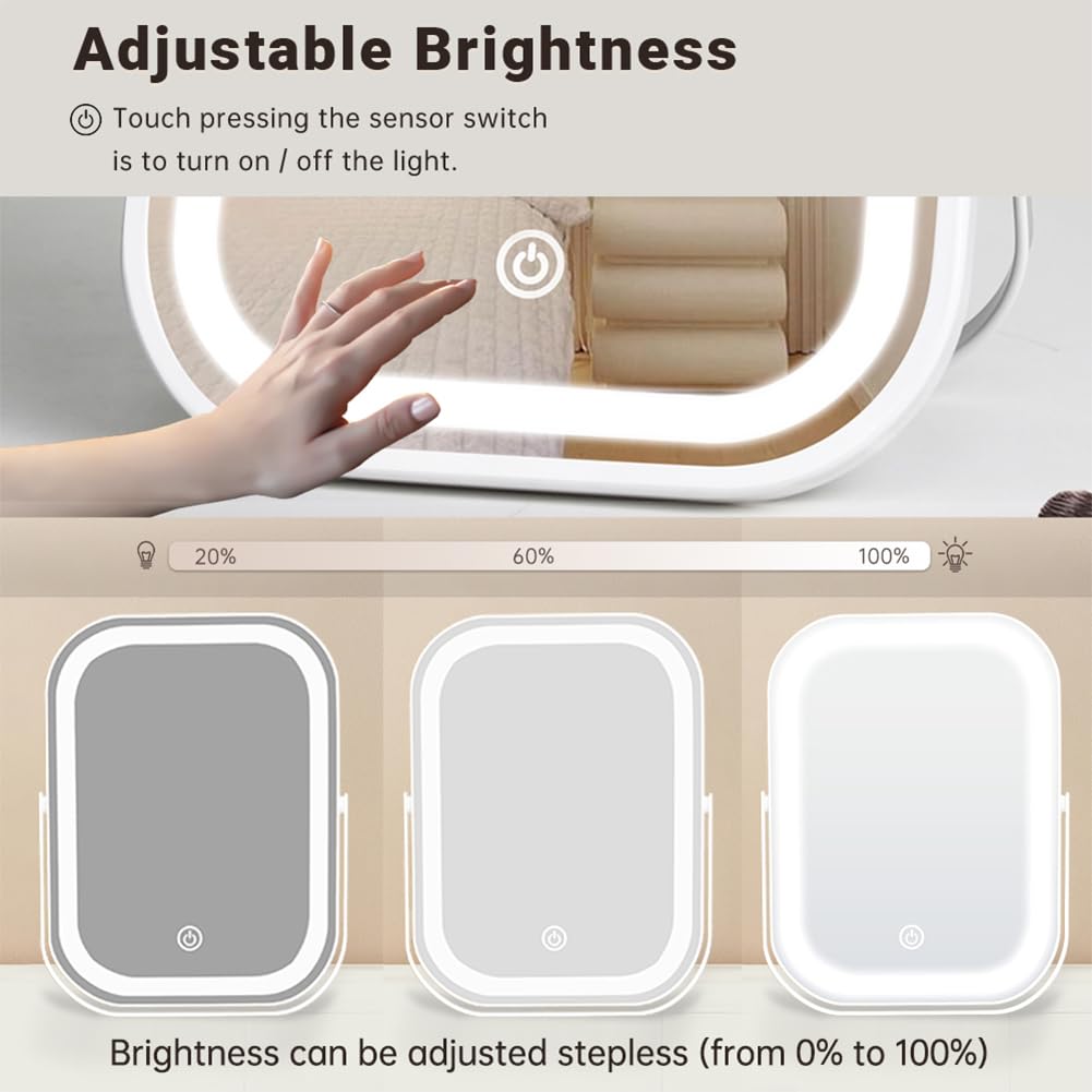 LED Vanity Mirror with Touch Control and 360° Rotation – USB Rechargeable