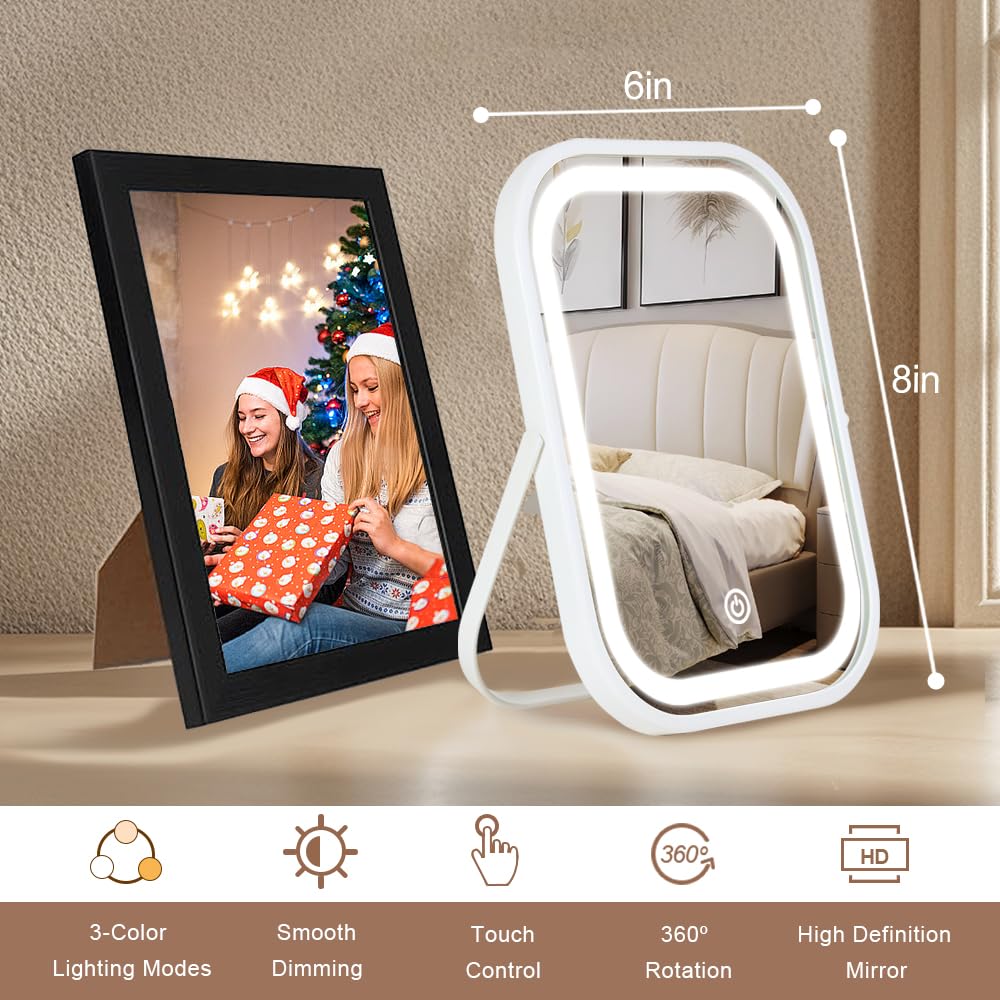LED Vanity Mirror with Touch Control and 360° Rotation – USB Rechargeable