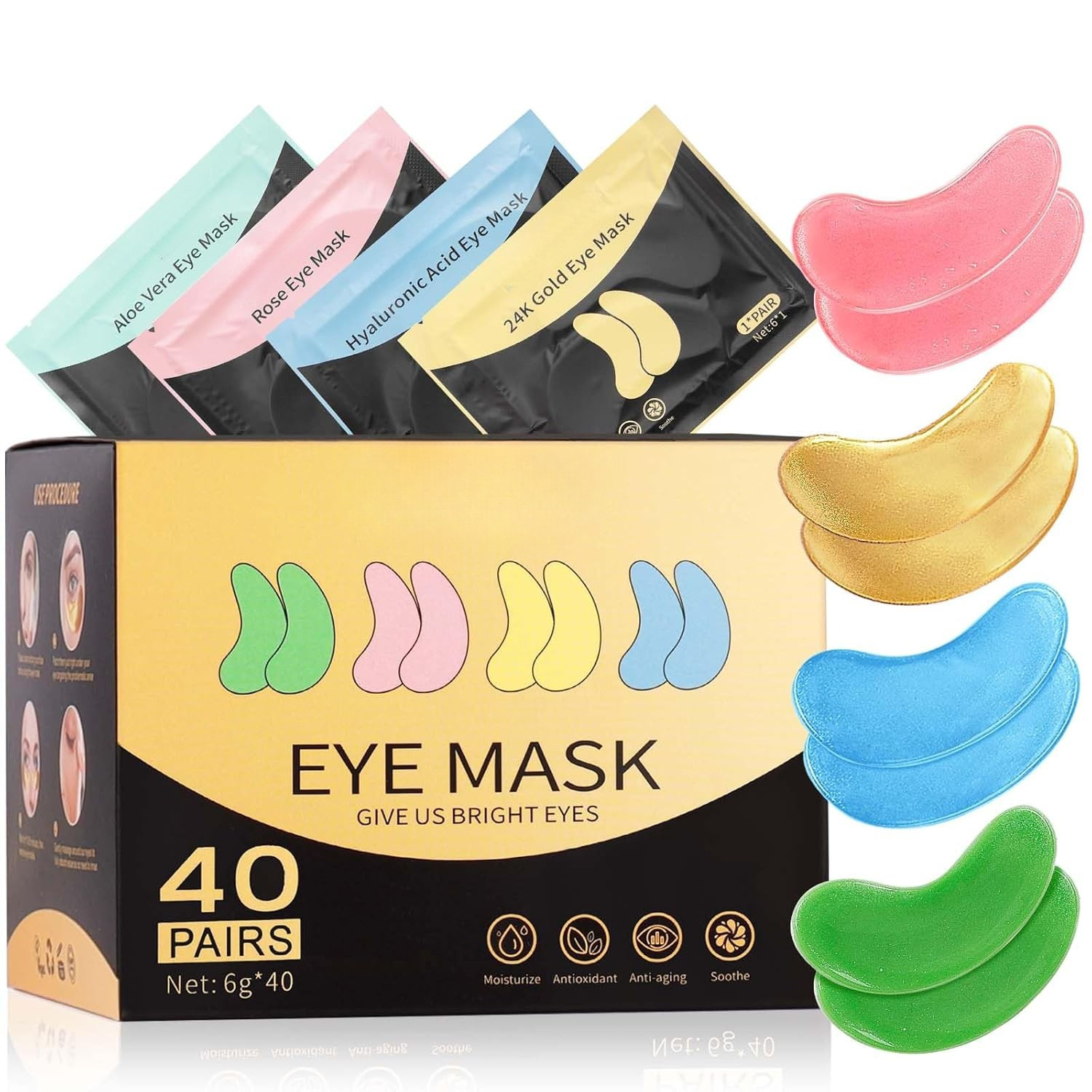 Under Eye Patches -- Hydrating Eye Mask with Hyaluronic Acid, Rose, Aloe Vera and Gold -- 40 Pairs